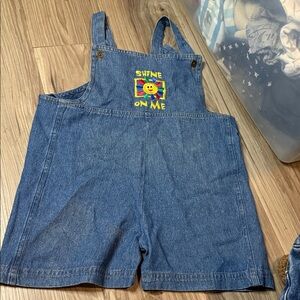 VINTAGE Denim Kids Short Overalls with 'Shine On Me' Sun Embroidery